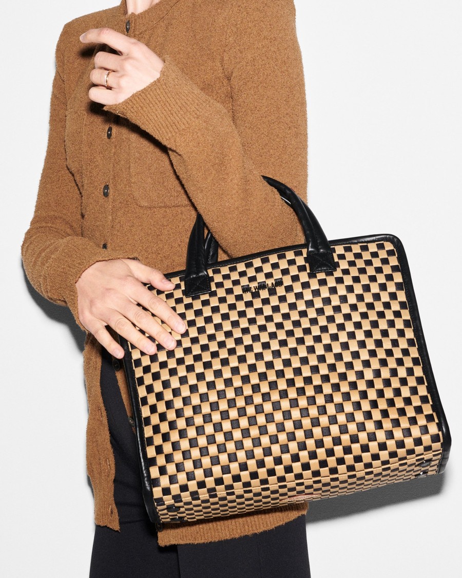 Women MZ Wallace | Medium Woven Box Tote Camel & Black